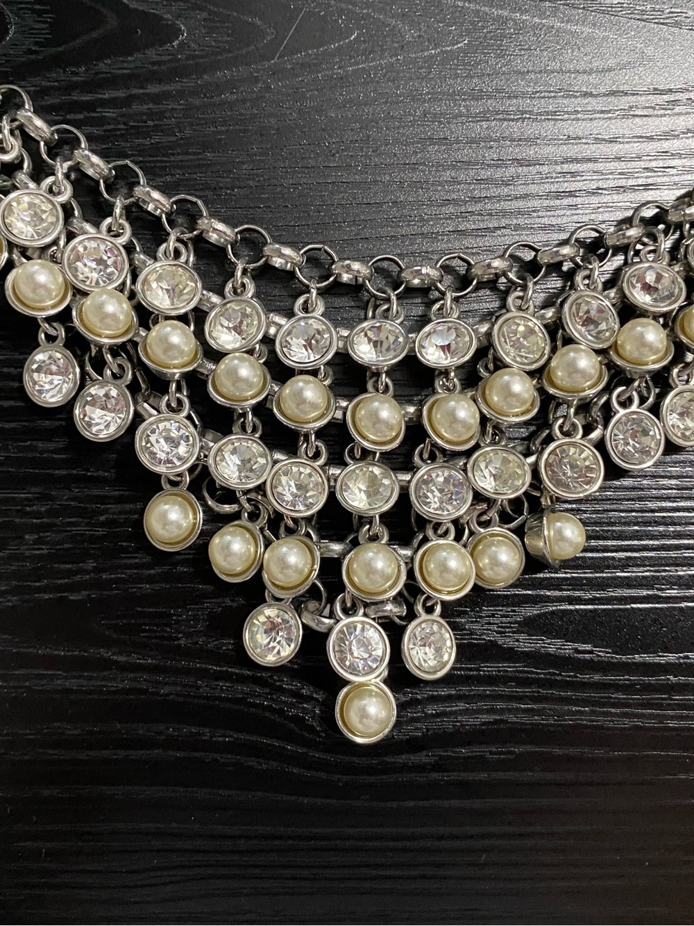 Elegant Silver-Tone Pearl & Crystal Chunky Bib Necklace